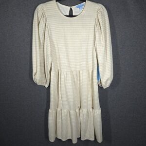 Draper James RSVP Womens Dress Size M Cream Gold Houndstooth 3/4 Sleeve‎ Preppy